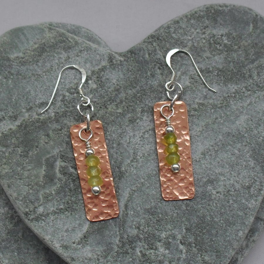 Sterling Silver and Copper Bar Earrings With Peridot Semi Precious Gemstones
