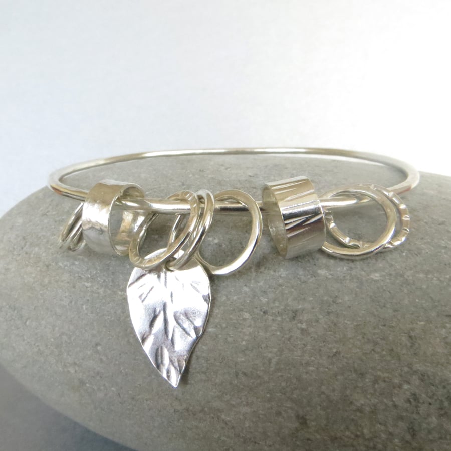 Silver Bangle with Leaf Charm and Spinner Rings, Gift for nature lover