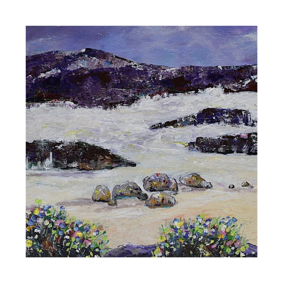 Scottish beach landscape painting - framed coastal flower scene in acrylic