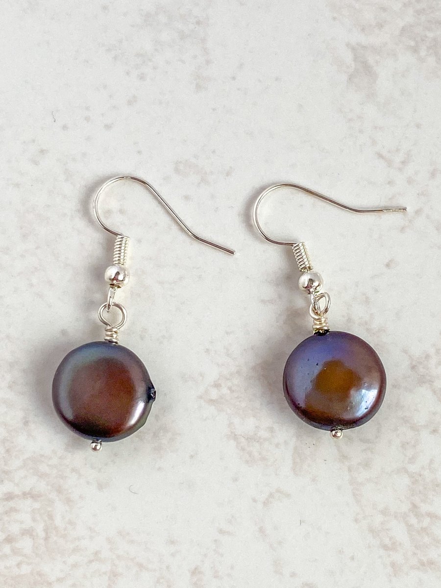 Black coin pearl earrings - made in Scotland. 
