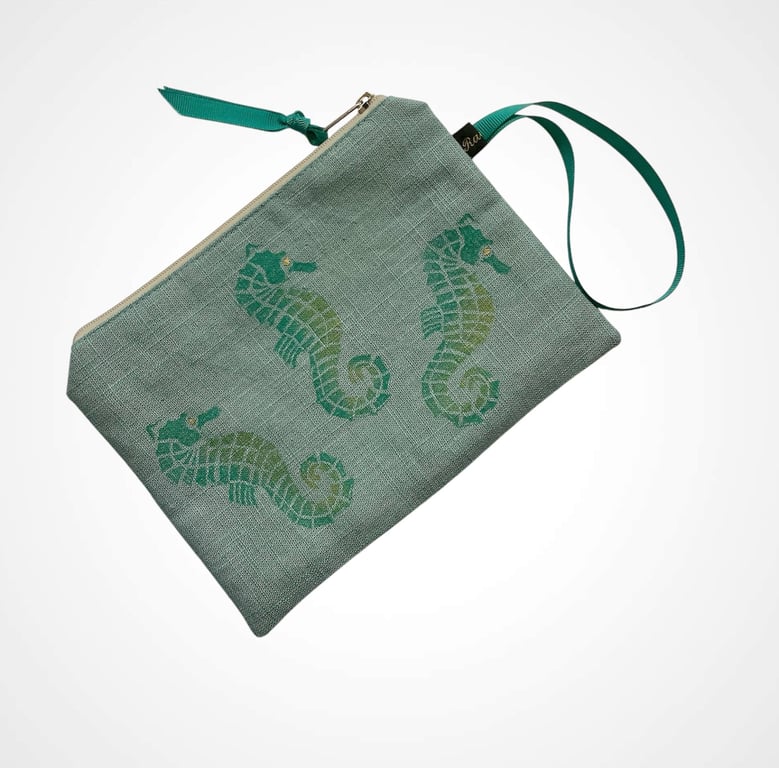 Mint Green Seahorses Linen Zip-Up Pouch
