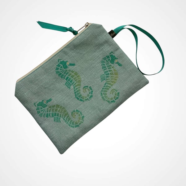 Mint Green Seahorses Linen Zip-Up Pouch