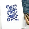  Blue Bird Original Hand Printed Linocut Print