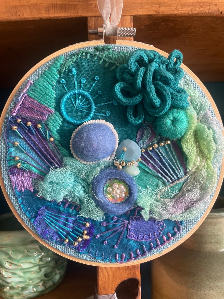 Underneath the Deep Blue Sea - 6” hand crafted mixed textiles hoop