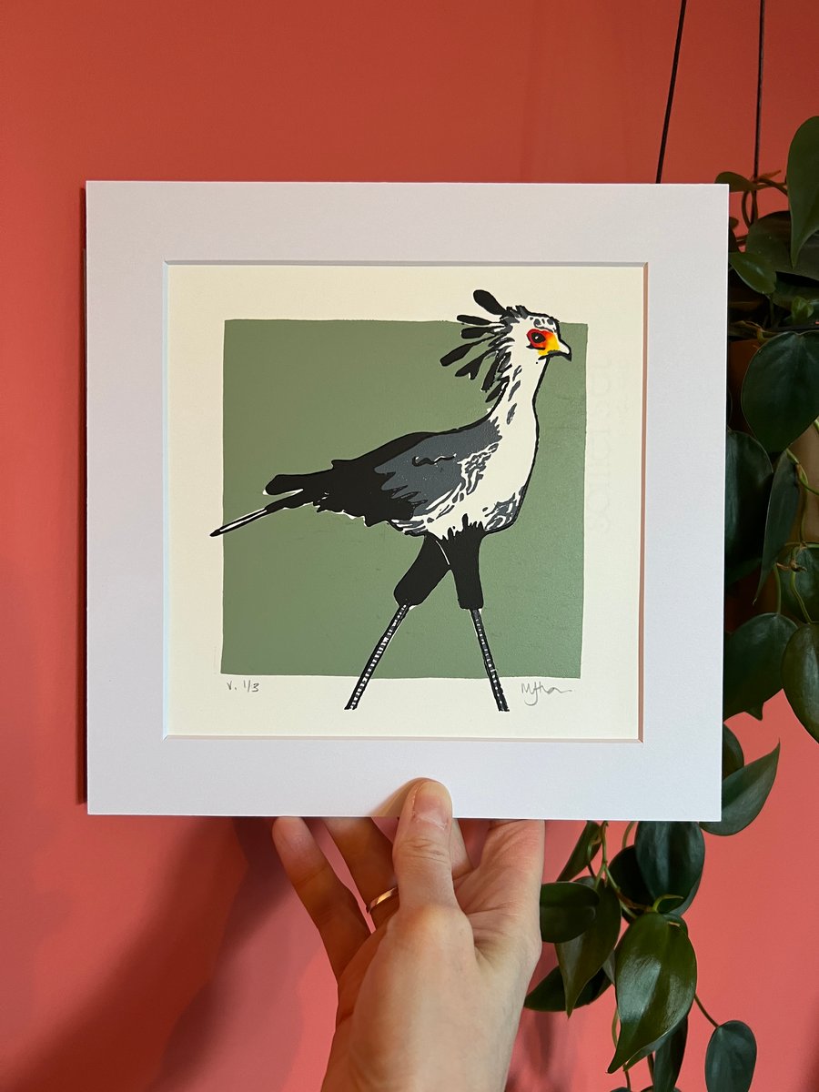 Secretary Bird Lino Print Mounted