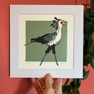 Secretary Bird Lino Print Mounted