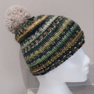 Handknit Bobble Hat. Fairisle effect Green and Cream Small