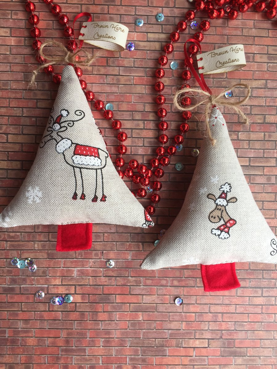 Pair of Handmade Christmas tree decorations reindeer fabric decoration 