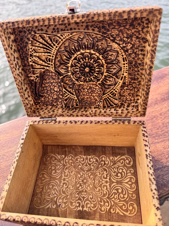 Elephant mandala engraved and hand burned wooden box 