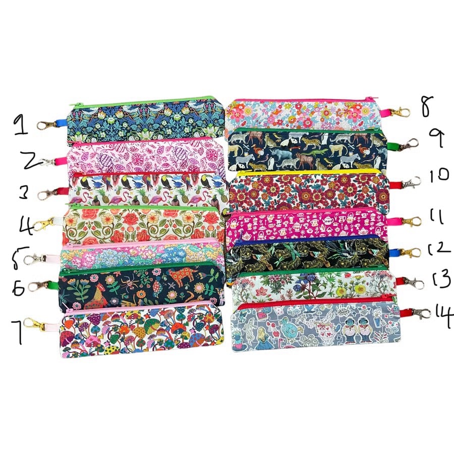 Liberty fabric slim pencil case, floral skinny zip pouch with lanyard clip, smal