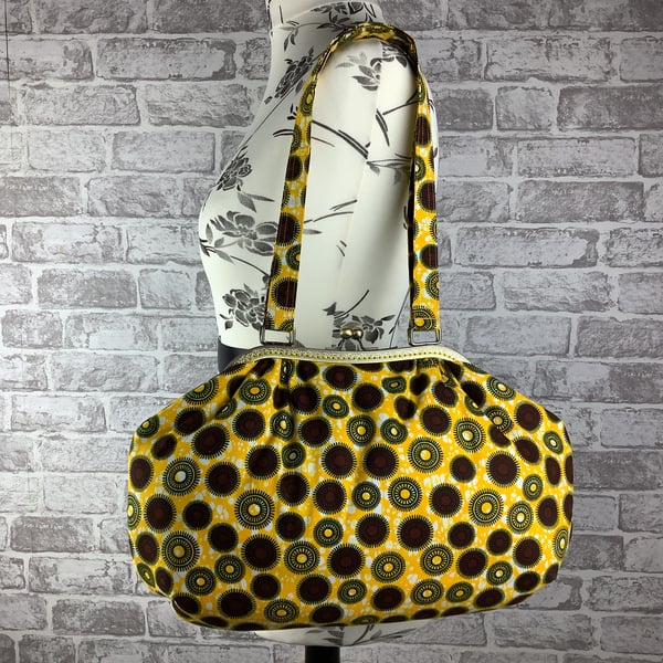 African print large fabric frame handbag, Yellow bag Kiss clasp, 2 straps