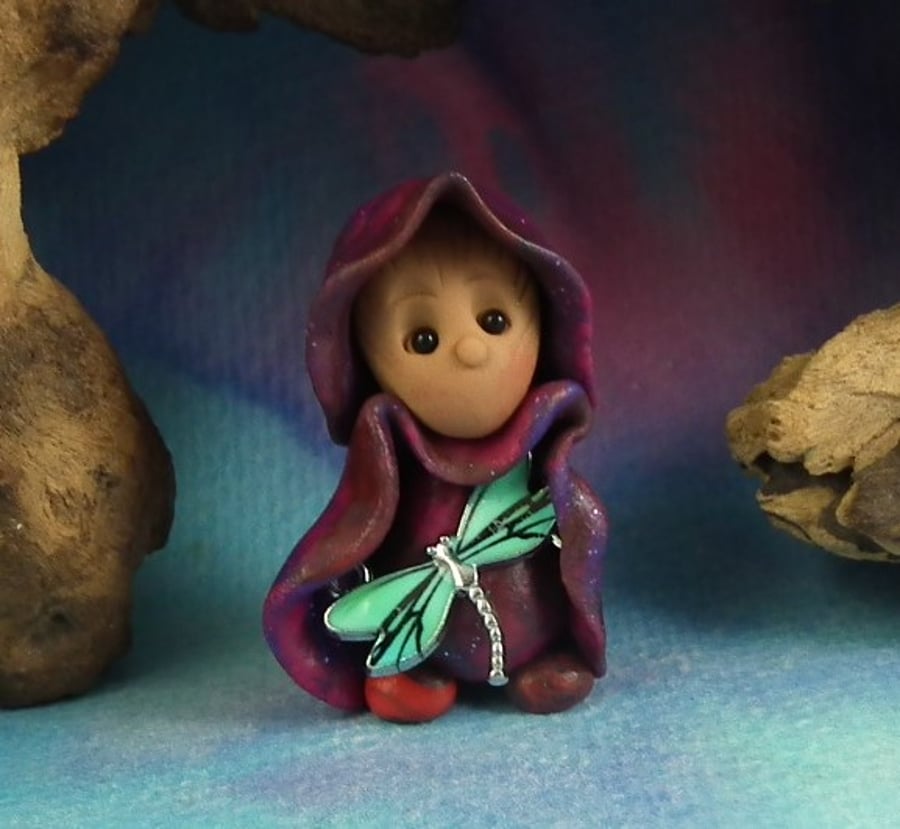 Spring Sale ... Tiny Garden Gnome 'Clarry' with dragonfly OOAK Sculpt