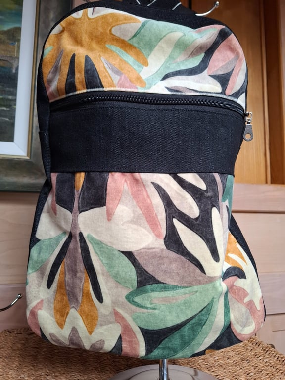 Black denim and velvet backpack