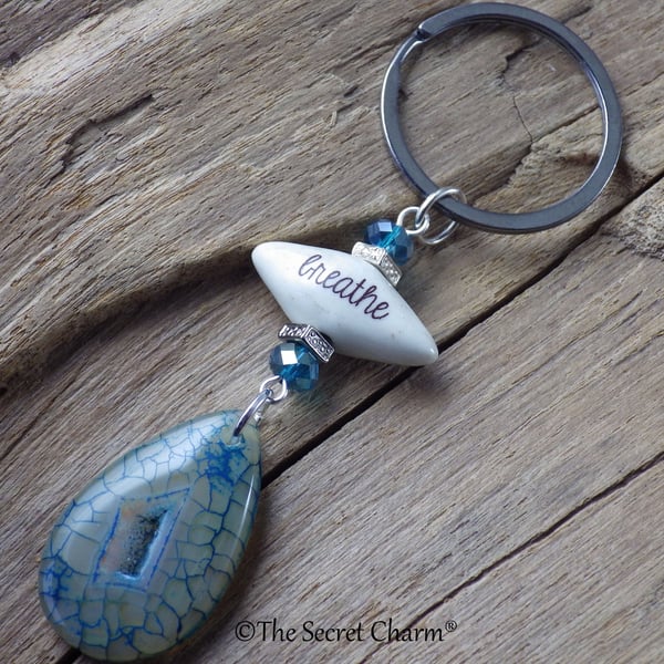  'Breathe' Keychain Gemstone Keyring, Bag Charm, Yoga Lover Gift