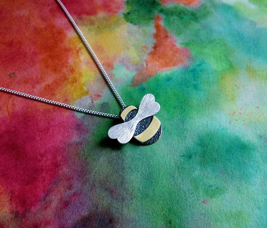 Bumble Bee Pendant, Copper with Brass Stripes, Silver Aero-Wing, Silver Chain