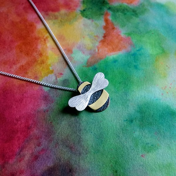 Bumble Bee Pendant, Copper with Brass Stripes, Silver Aero-Wing, Silver Chain