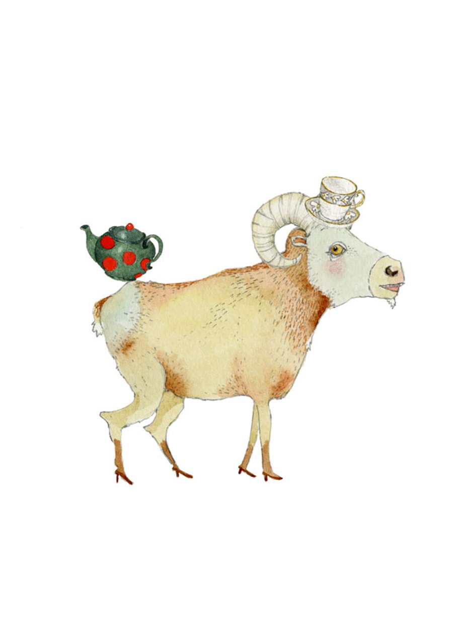 Ram in Teacup Hat A4 giclee print