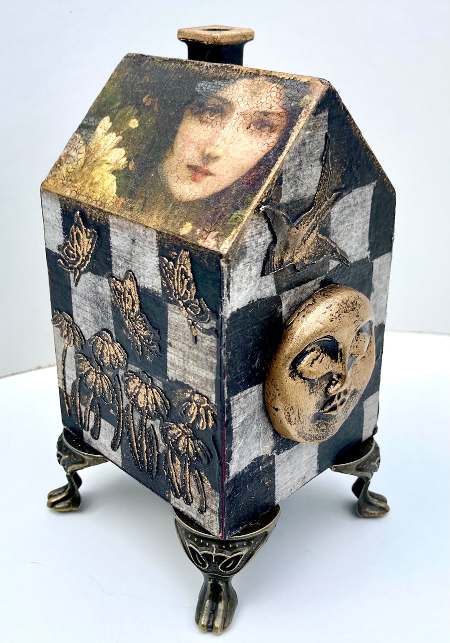 Weird Gothic Altered Mixed Media Trinket Keepsake Vintage Box Fairy & Moon House
