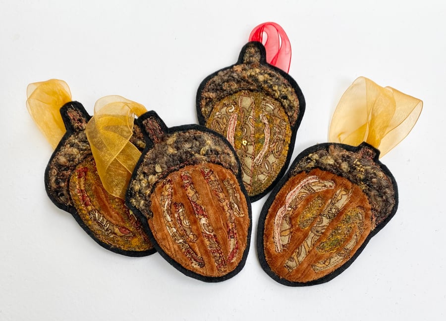 Upcycled embroidered woodland acorn home decoration. 