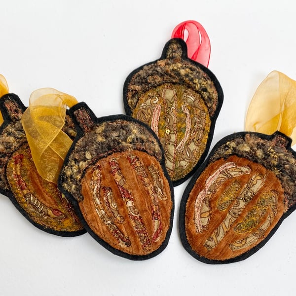 Upcycled embroidered woodland acorn home decoration. 