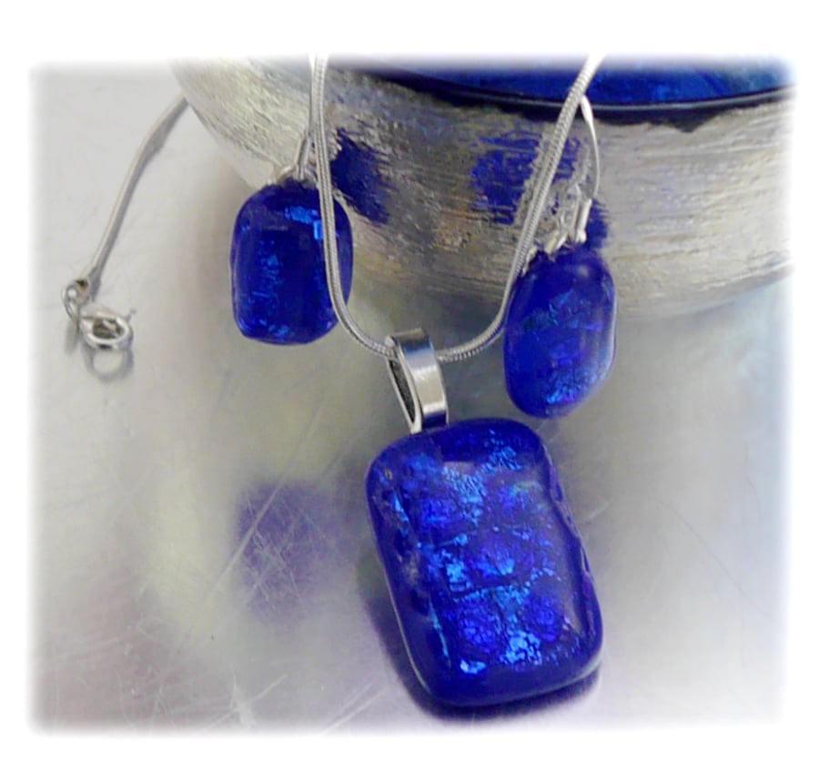 Dichroic Glass Pendant Earring Set 056  Blue Glitter with silver plated chain