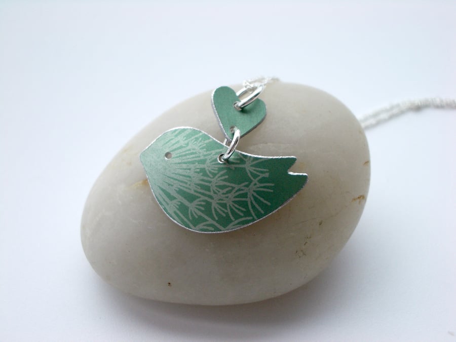 Green bird necklace pendant with dandelion seed print and heart