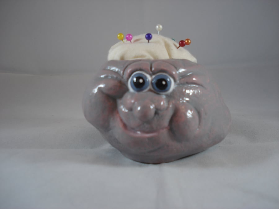 Small Novelty Ceramic Pink & Grey Stone Rock Pebble Craft Needlework Pin Cushion