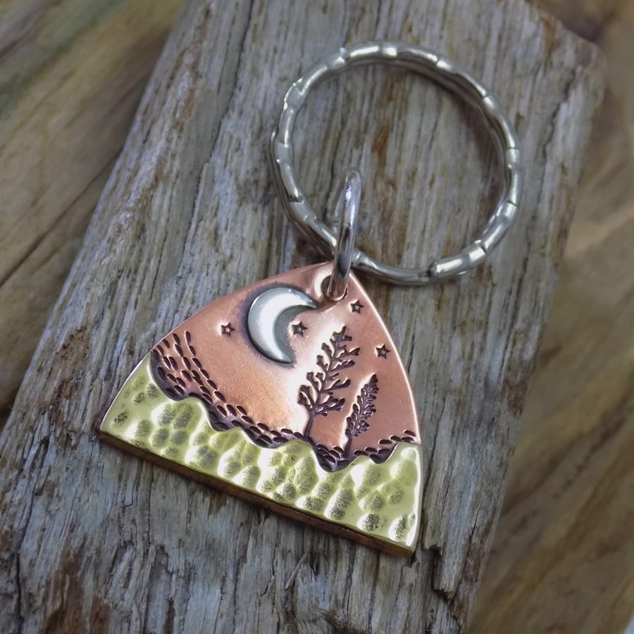 Copper , brass and silver trees and moon mixed metal keyring 
