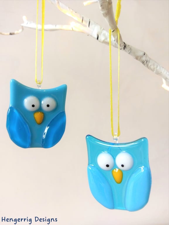 Blue Fused Glass Owls