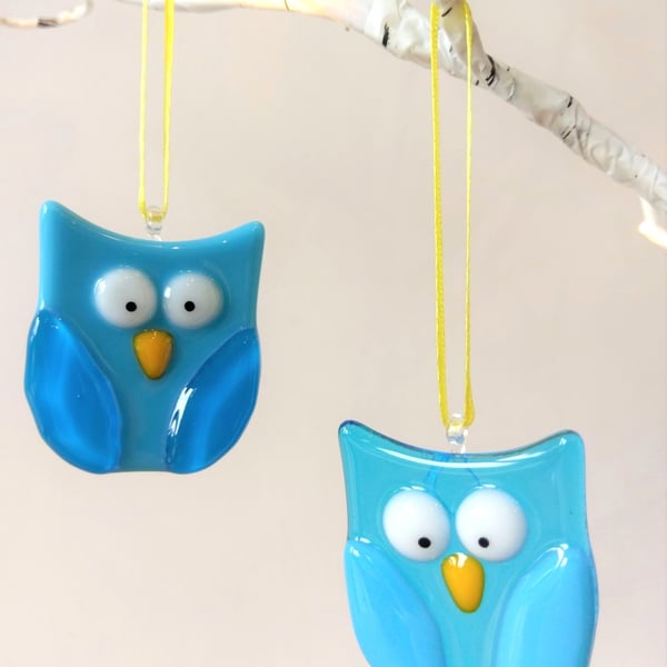 Blue Fused Glass Owls
