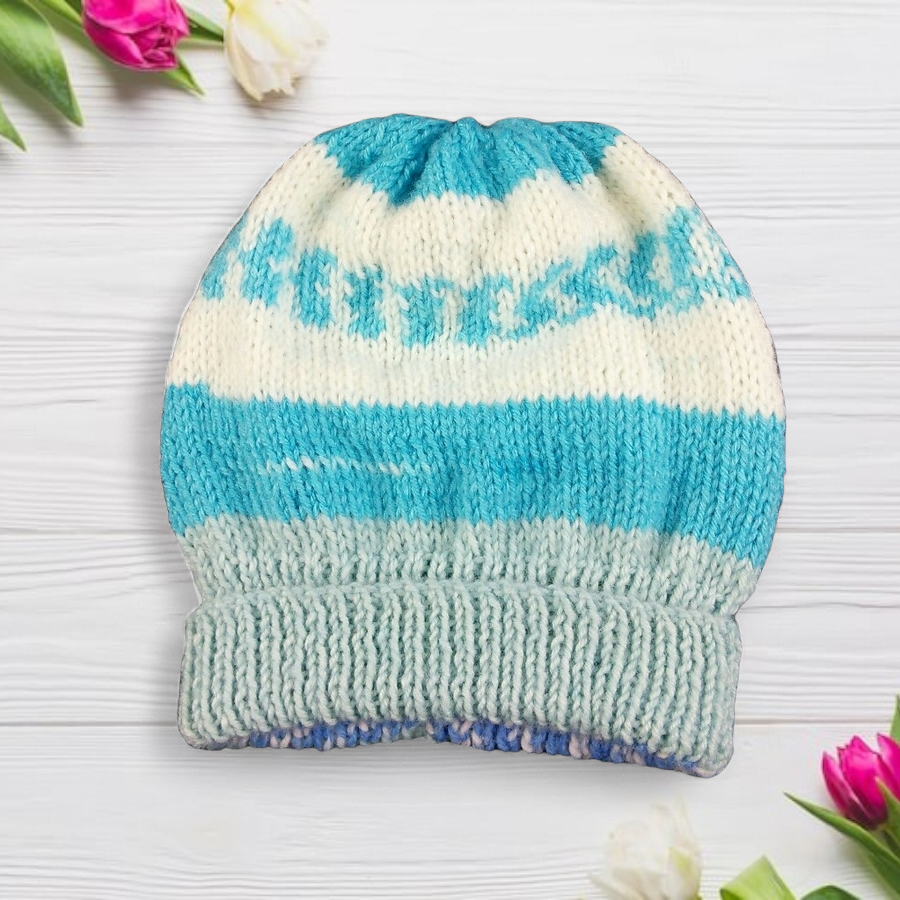 Blue and cream hand knitted aran baby hat 17 inch head 6 months  