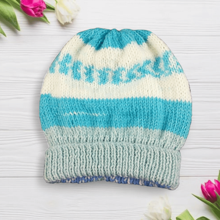 Blue and cream hand knitted aran baby hat 17 inch head 6 months  
