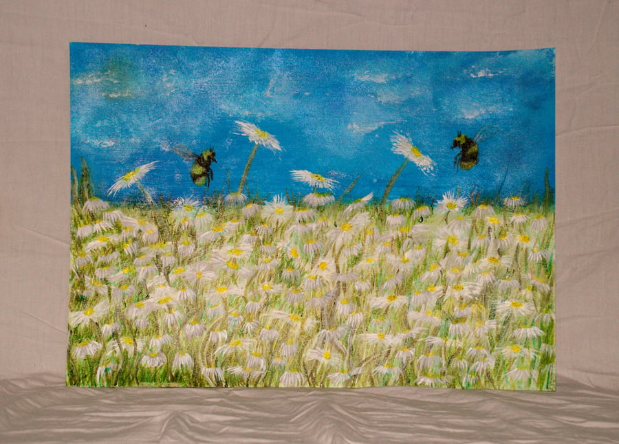 Original Bees in a daisy field acrylic painting