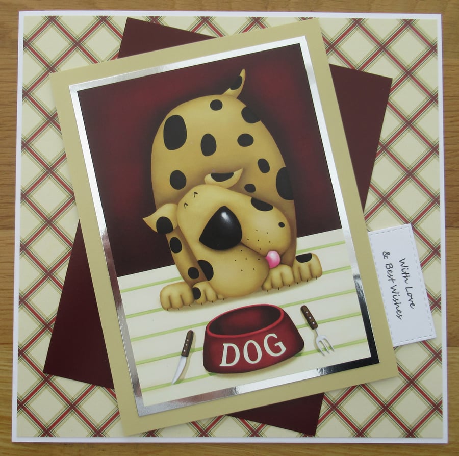 Spotted Dog Waiting For His Dinner - 8x8" With Love & Best Wishes Card