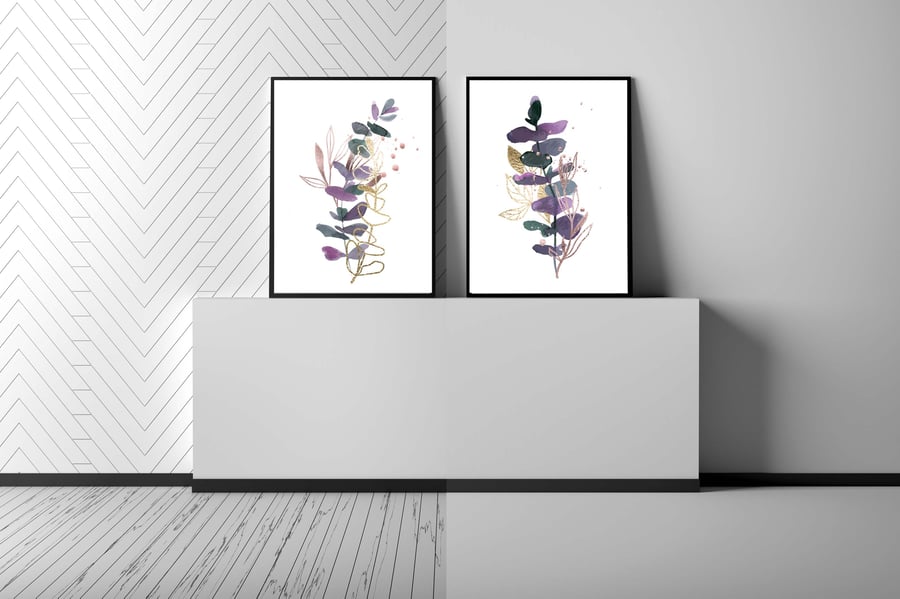Greenery art prints, purple leaves wall decor, Eucalyptus leaves wall art prints