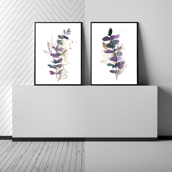 Greenery art prints, purple leaves wall decor, Eucalyptus leaves wall art prints