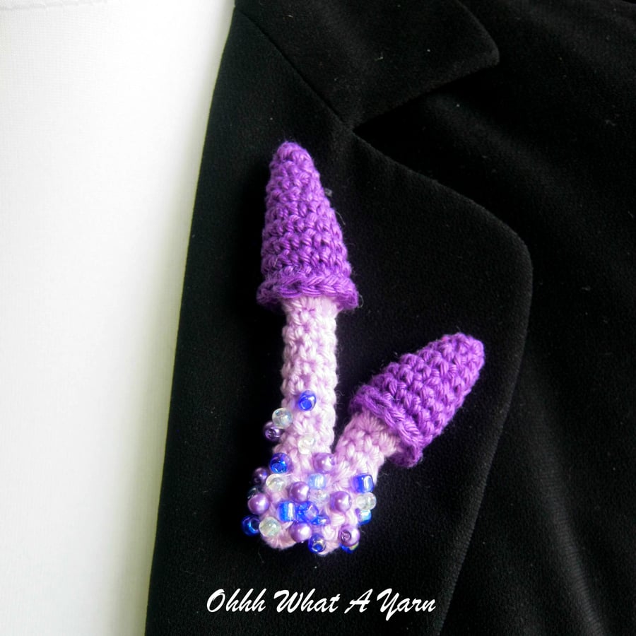 Crochet purple toadstool brooch, crochet mushroom brooch