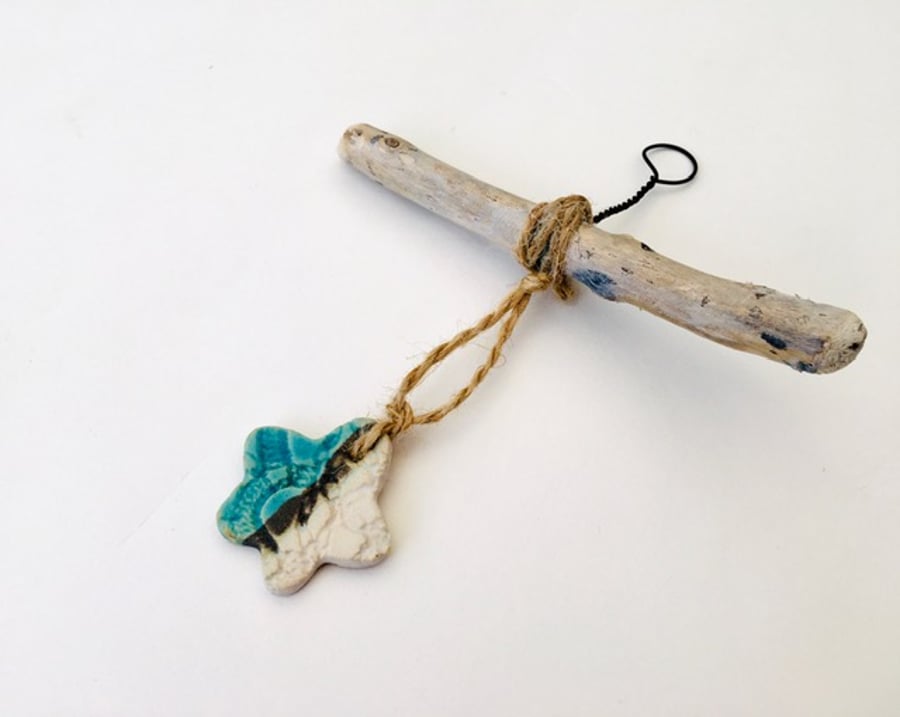 Driftwood wall hanger, clay charm, gift idea, birthday, unique pottery 