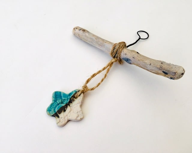 Driftwood wall hanger, clay charm, gift idea, birthday, unique pottery 