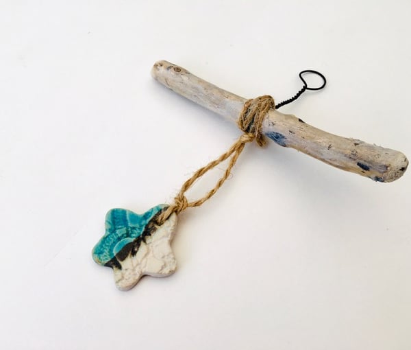 Driftwood wall hanger, clay charm, gift idea, birthday, unique pottery 