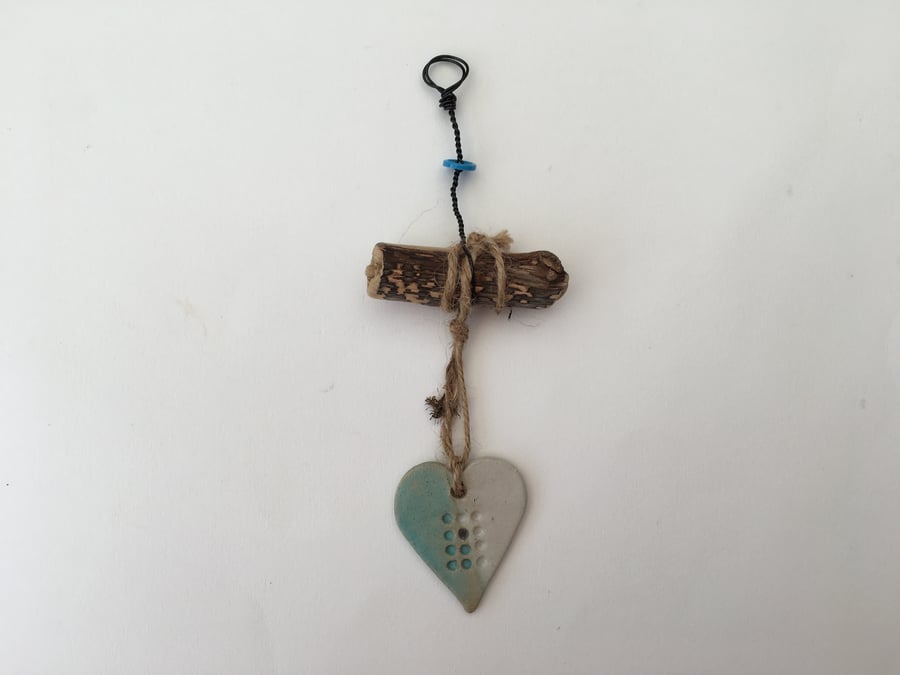 Handmade Driftwood, Loveheart hanger, pottery, gift idea, birthday,home decor