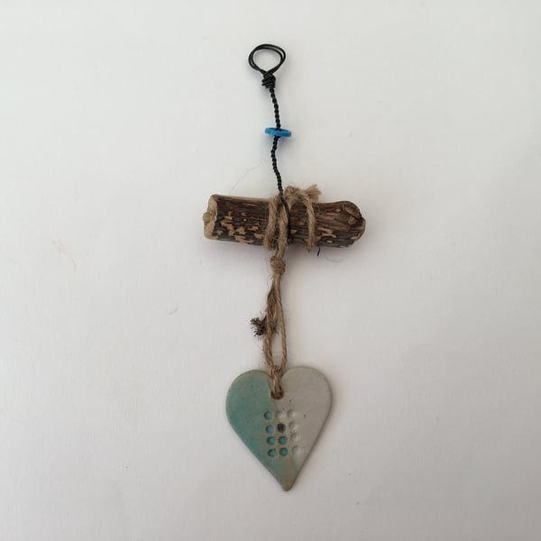 Handmade Driftwood, Loveheart hanger, pottery, gift idea, birthday,home decor