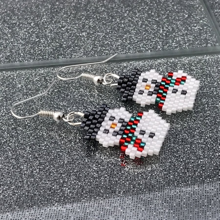 Bead Weave Snowmen Earrings With Green & Red Scarves