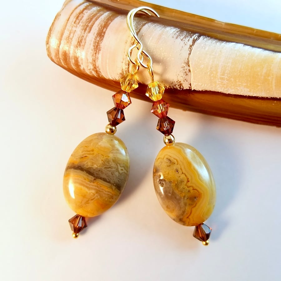 Crazy Lace Agate Earrings With Swarovski Crystals - Handmade In Devon