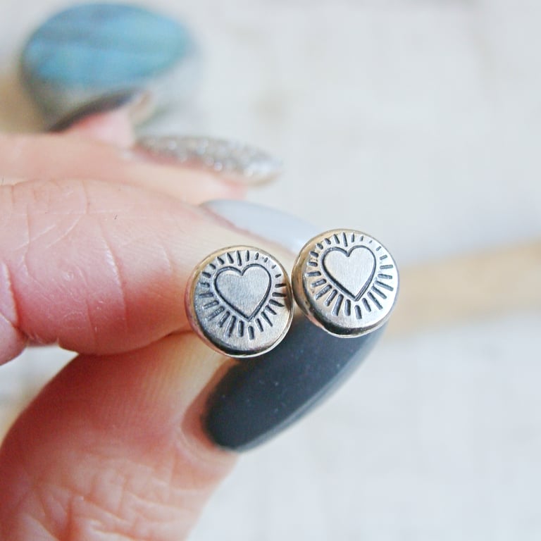 Recycled Silver Pebble Stud Earrings with Stamped Heart Design