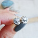 Recycled Silver Pebble Stud Earrings with Stamped Heart Design