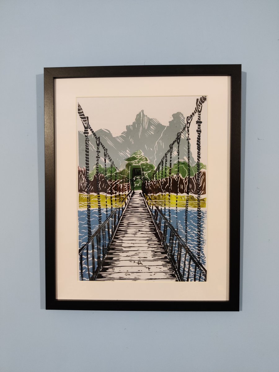 Handcrafted Lino Print of Vang Vieng in Laos. Original Travel Artwork