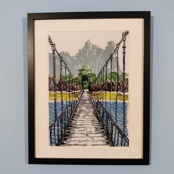 Handcrafted Lino Print of Vang Vieng in Laos. Original Travel Artwork
