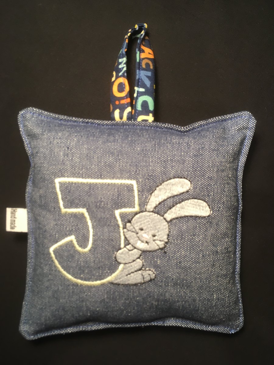 Letter J - Mini monogrammed pocket cushion with embroidered Rabbit