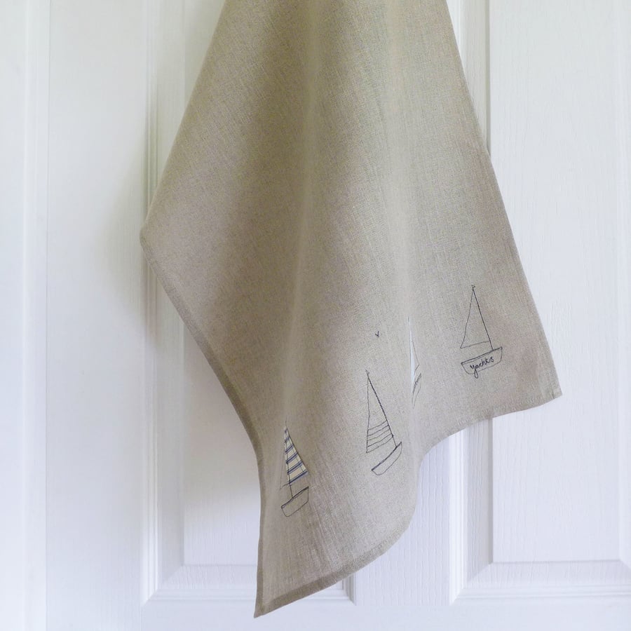 Embroidered Linen Yachts Tea Towel